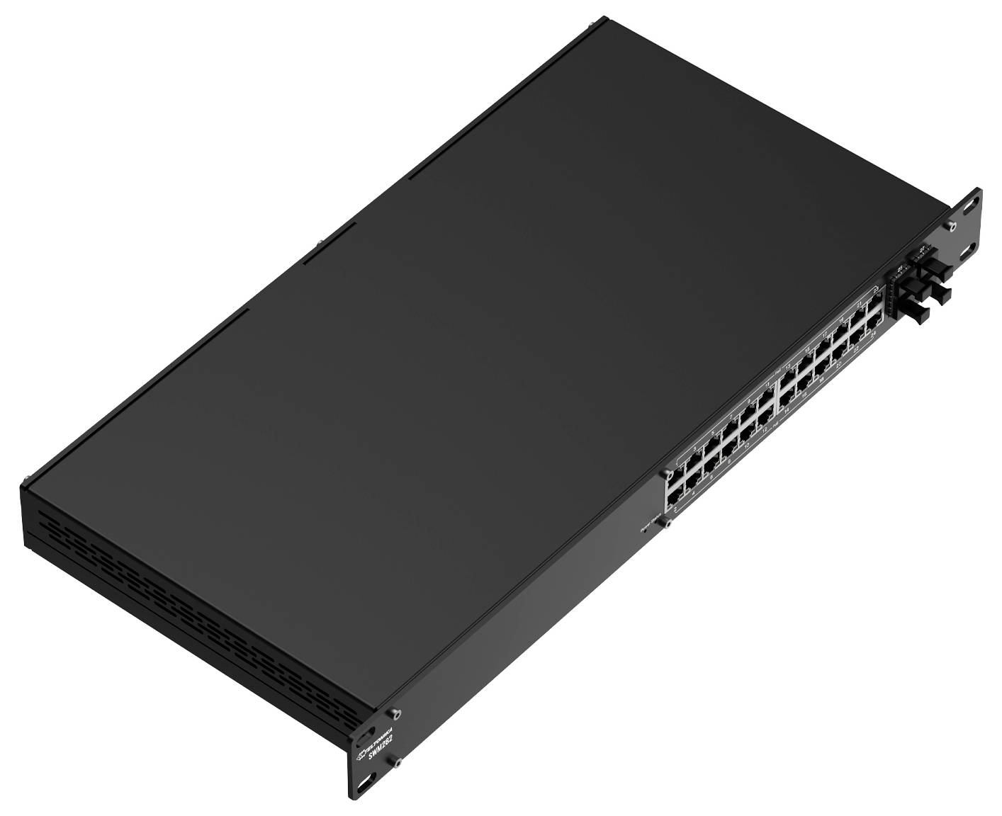 Ein schlankes, rechteckiges, silbernes elektronisches Gerät mit zwei sichtbaren Ethernet-Anschlüssen auf der Vorderseite und einem digitalen Display auf der linken Seite.