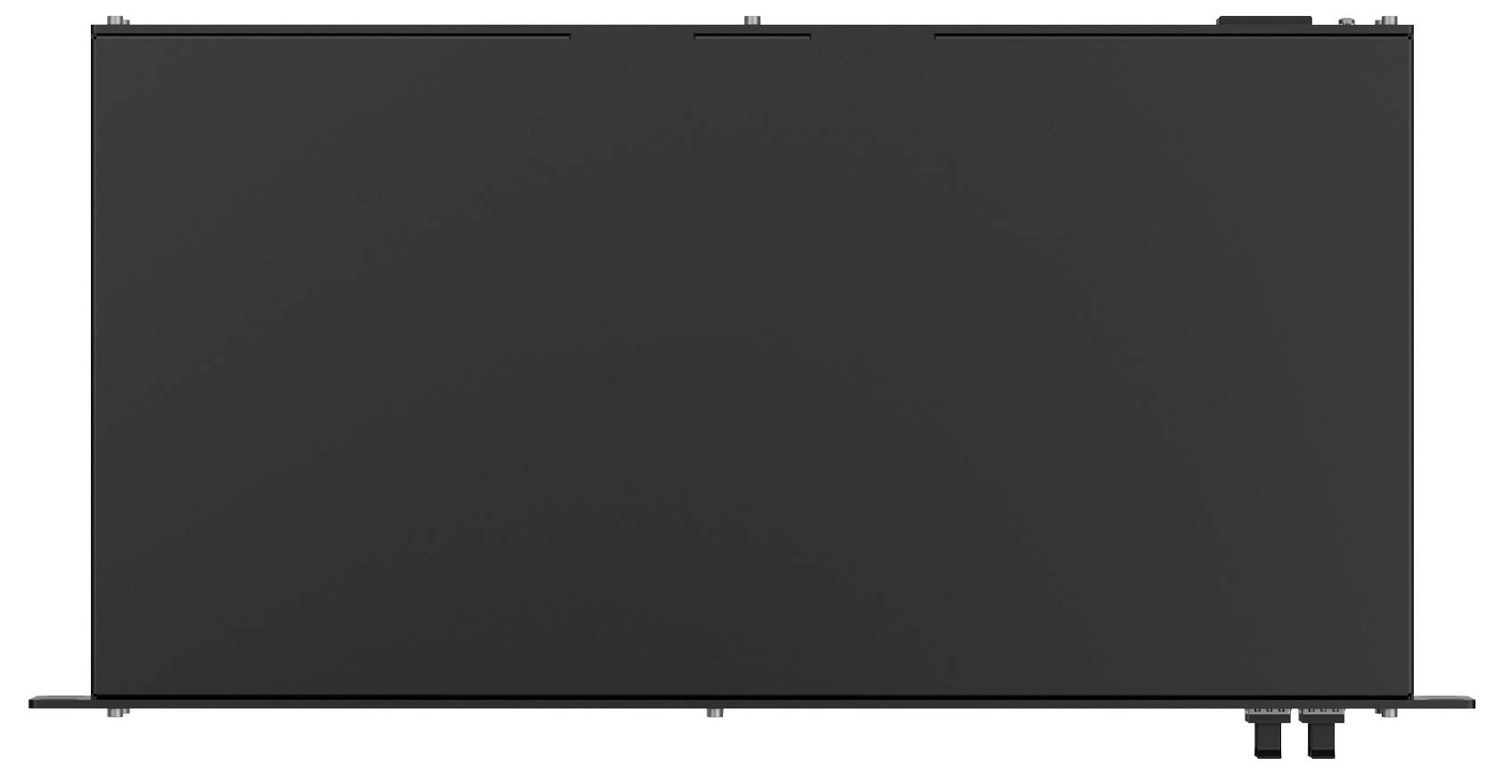 Vorderansicht eines schwarzen, rechteckigen Heizpanels mit zwei Einstellknöpfen in der unteren rechten Ecke.