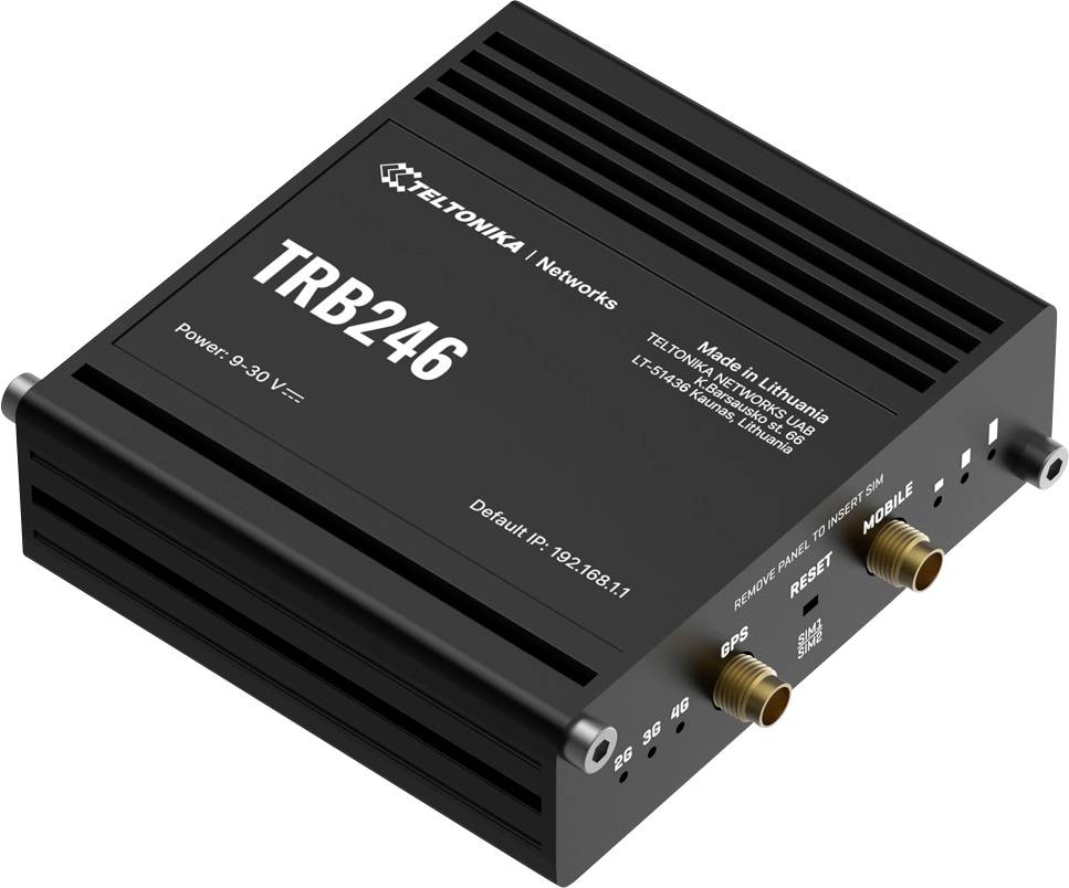 Schwarzes Teltonika TRB246 Industrial-Netzwerk-Gateway mit Antennen/Anschlüssen, dargestellt auf weißem Hintergrund.