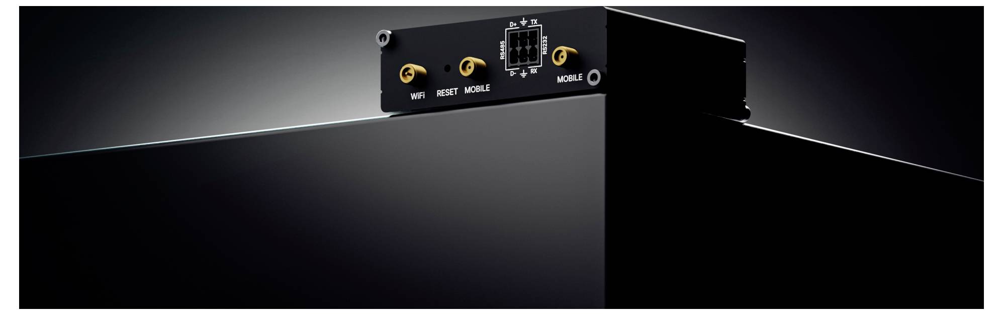 Ein schwarzes elektronisches Geräte-Modul mit den Anschlüssen 