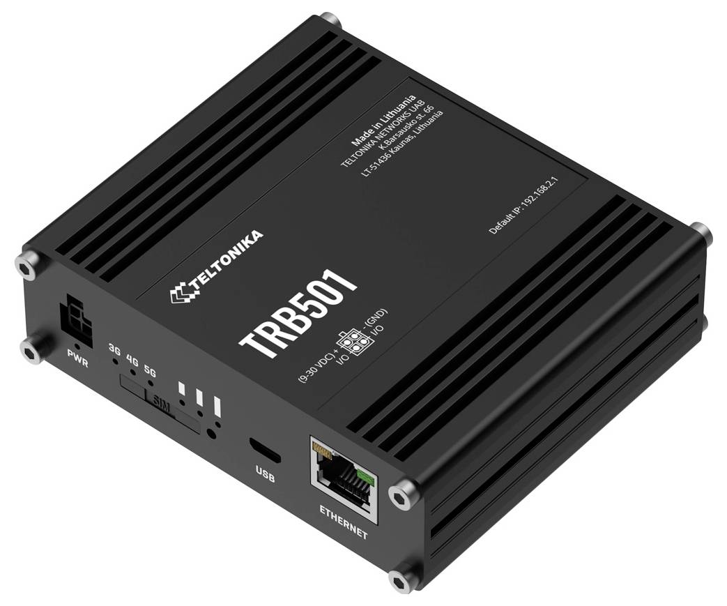 Teltonika TRB501 industrieller 5G-Router/Modem mit Ethernet-, USB-, LED-Anzeigen und Stromversorgungsanschluss.