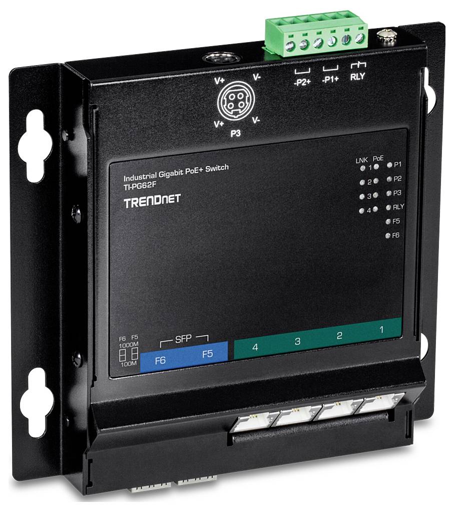 Industrieller Gigabit PoE+ Switch, TRENDnet TI-PG62F, schwarz, wandmontierbar, mit SFP-Steckplätzen, mehreren Ethernet-Anschlüssen und LED-Anzeigen.