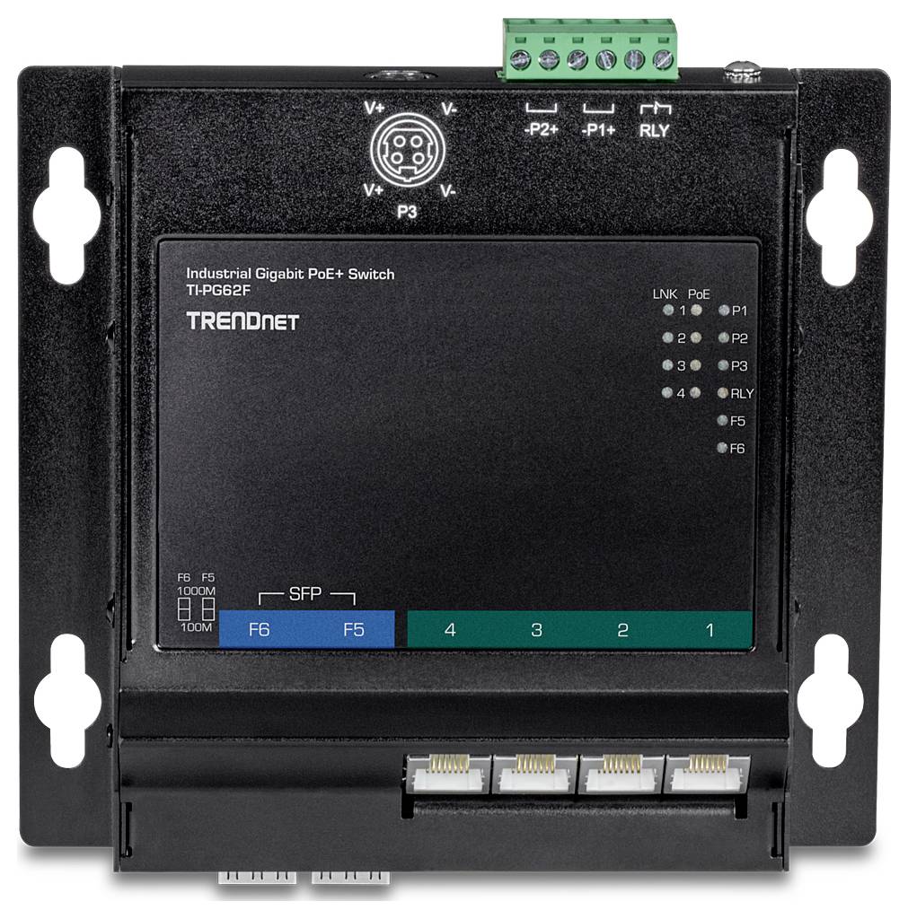 Industrieller Gigabit PoE+ Switch mit LEDs zur Anzeige der Portaktivität und des Stromversorgungsstatus, montiert in einem schwarzen Metallgehäuse mit vier Ethernet-Anschlüssen.