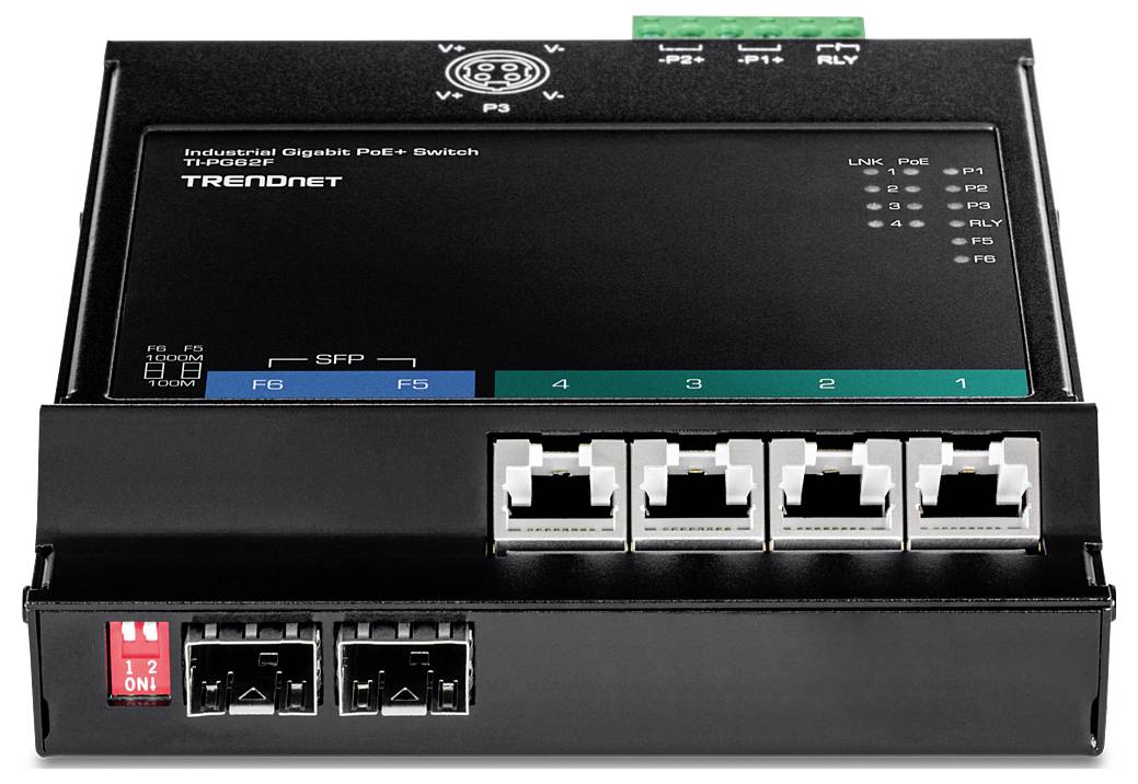 Ein schwarzer industrieller Router mit der Bezeichnung „TSW040
