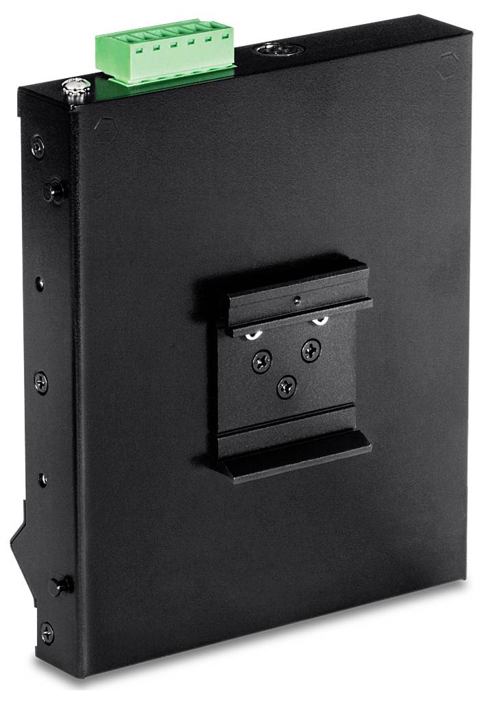 Ein schwarzes elektronisches Befestigungsgerät aus Metall mit einem grünen Stecker oben, ausgestattet mit einer Halterung mit Schraubenlöchern für die Montage an der Wand oder am Bedienfeld.