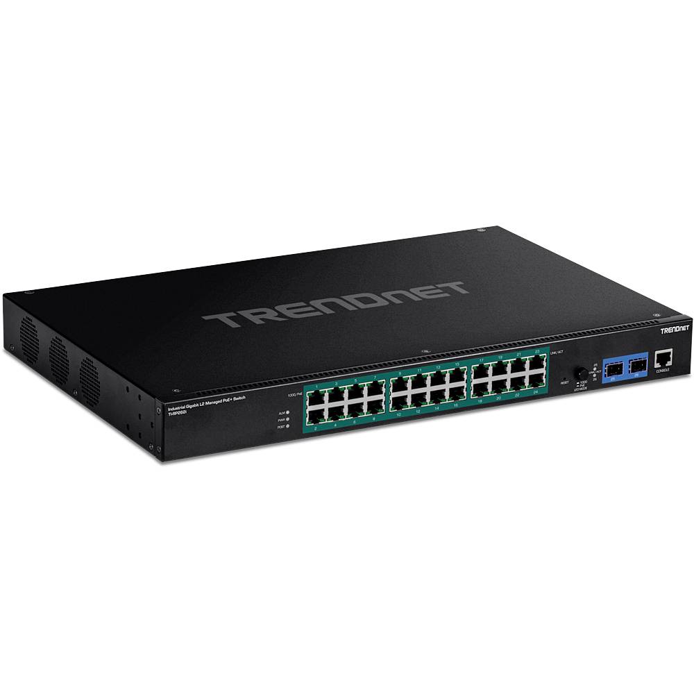 Ein schwarzer TRENDnet-Netzwerk-Switch mit 24 Ethernet-Anschlüssen und zwei zusätzlichen Anschlüssen, verwendet zum Verbinden von Geräten in einer kabelgebundenen Netzwerkeinrichtung.