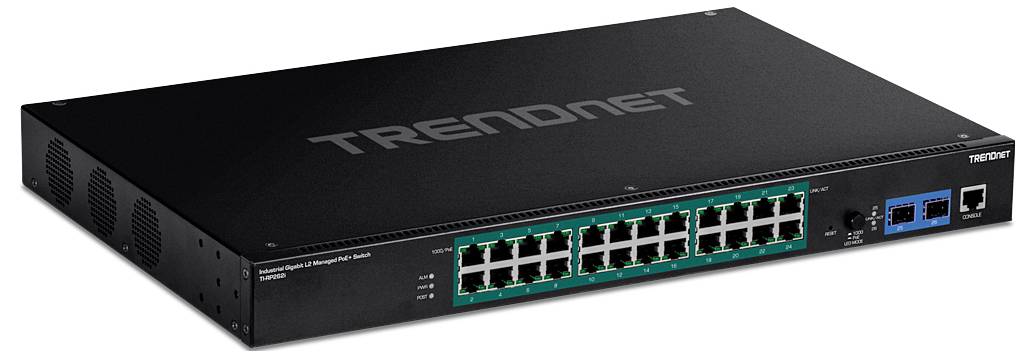 Ein schwarzer TRENDnet Netzwerk-Switch mit 24 Ethernet-Anschlüssen und 4 SFP-Steckplätzen, entwickelt zur sicheren Verwaltung großer Netzwerkverbindungen.