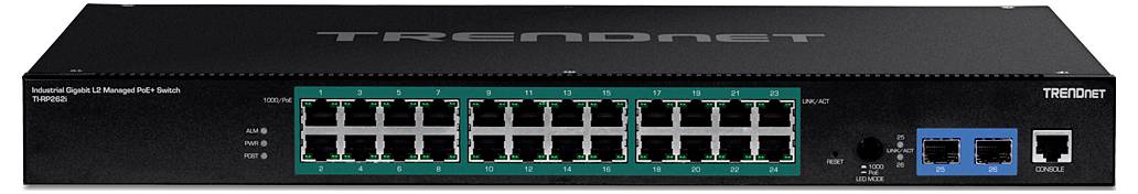 Ein schwarzer TRENDnet Netzwerk-Switch mit 24 Ethernet-Anschlüssen, zwei SFP-Anschlüssen und einer LED-Anzeige auf der Vorderseite, die den Portstatus anzeigt.