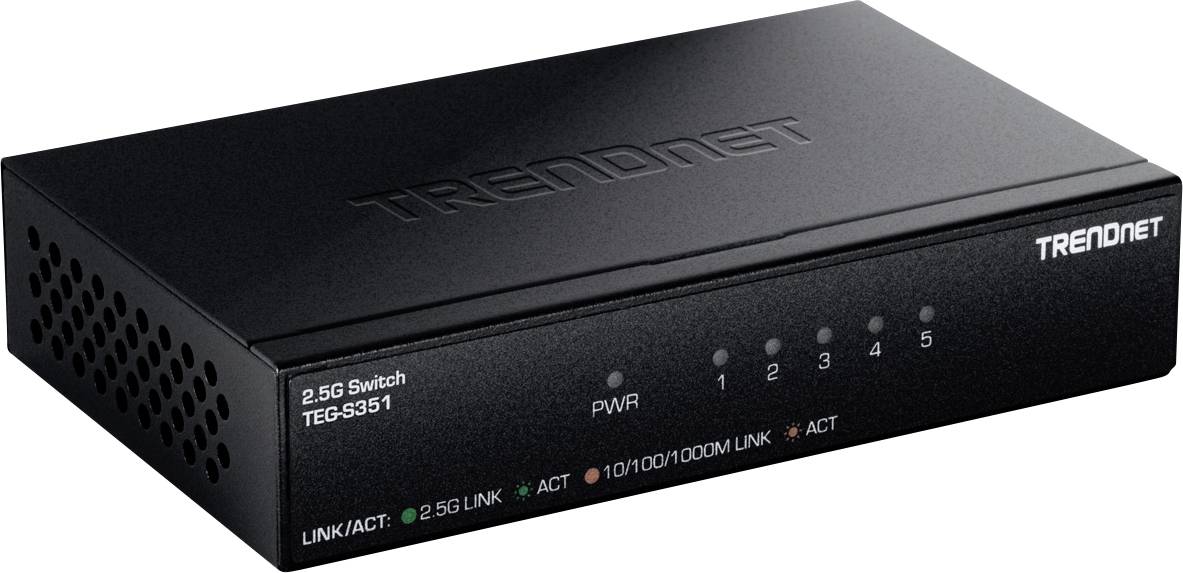 Schwarzer TRENDnet 2,5G-Netzwerk-Switch mit 5 Frontplatinen-Anschlüssen und Statusleuchten, mit der Bezeichnung „2.5G Switch TEG-S351