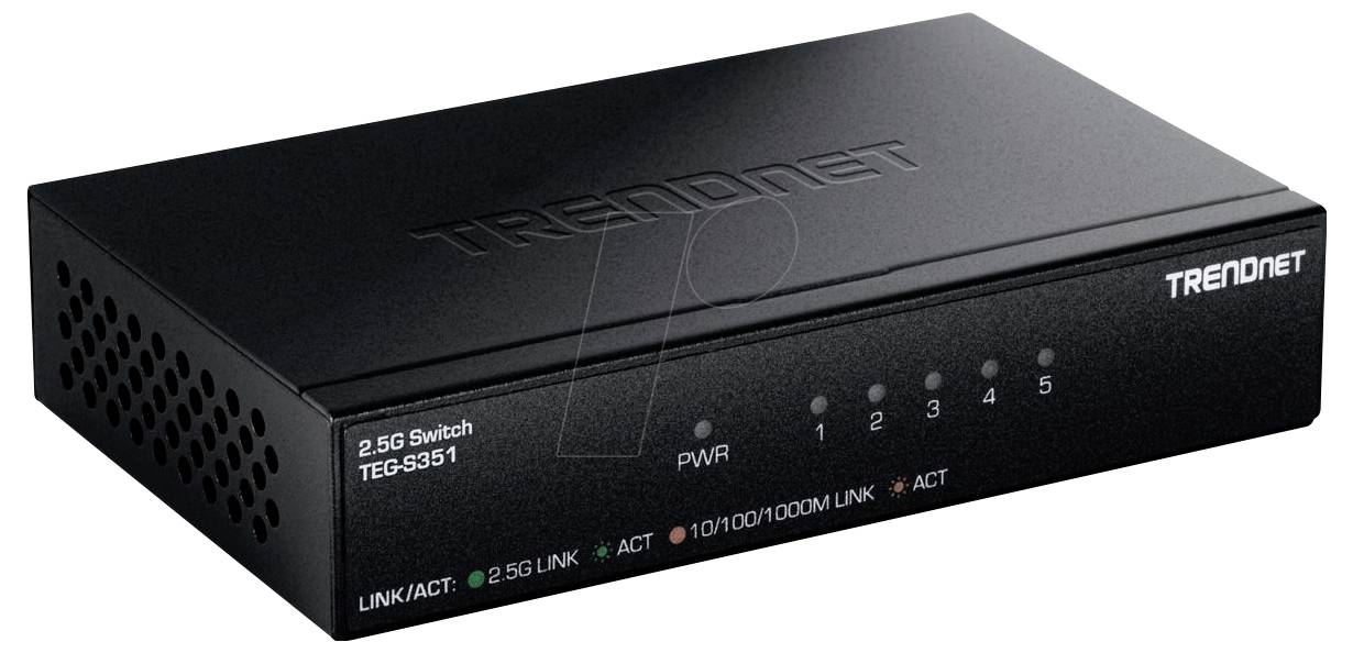 Schwarzer TRENDnet 2,5G Netzwerk-Switch mit Status-LEDs und fünf nummerierten Anschlüssen auf der Frontplatte.