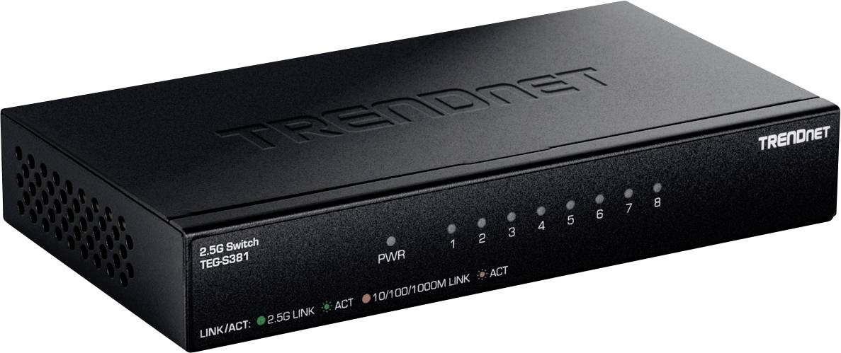 Schwarzer TRENDnet 2.5G-Switch mit der Bezeichnung „TPE-3518I