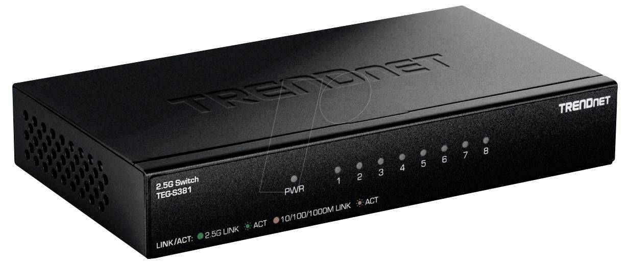 Ein schwarzer TRENDnet Netzwerk-Switch mit acht Anschlüssen, gekennzeichnet mit Link- und Aktivitätsindikatoren, konzipiert für Ethernet-Konnektivität.