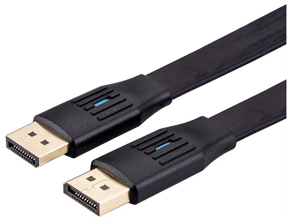 Zwei DisplayPort-Kabelstecker mit schwarzen Gehäusen und vergoldeten Kontakten auf weißem Hintergrund.