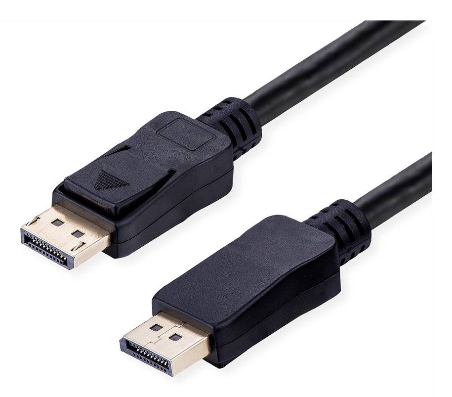 Zwei schwarze DisplayPort-Kabel mit vergoldeten Steckern, verwendet zur Übertragung von Audio- und Videosignalen zwischen Geräten.