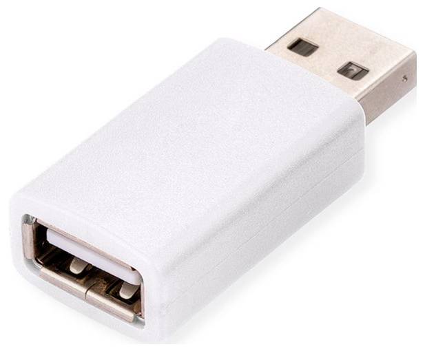 Ein weißer USB-Adapter mit einem männlichen USB-Stecker auf der einen Seite und einem weiblichen USB-Anschluss auf der anderen Seite.