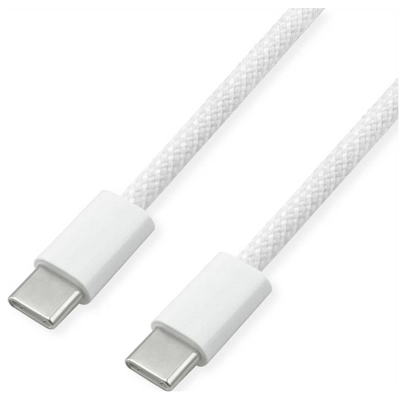 Ein weißes USB-C-zu-USB-C-Kabel mit geflochtenem Texturdesign, das beide Anschlüsse zeigt.