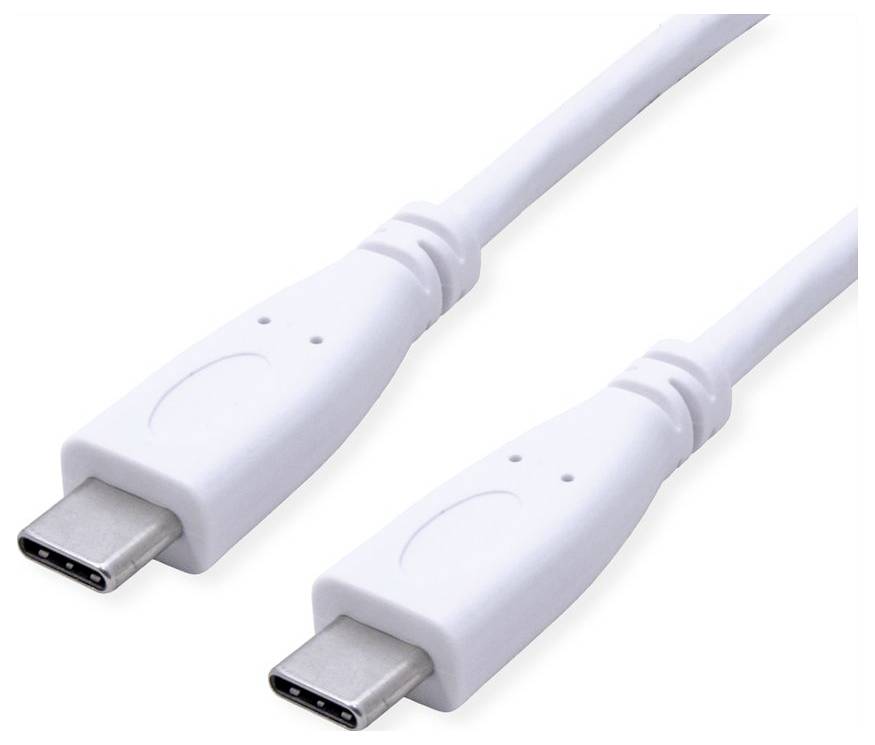 Weißes USB-C-zu-USB-C-Kabel, Nahaufnahme mit Ansicht beider Enden mit umkehrbaren Steckern, geeignet für Datenübertragung und Geräteaufladung.