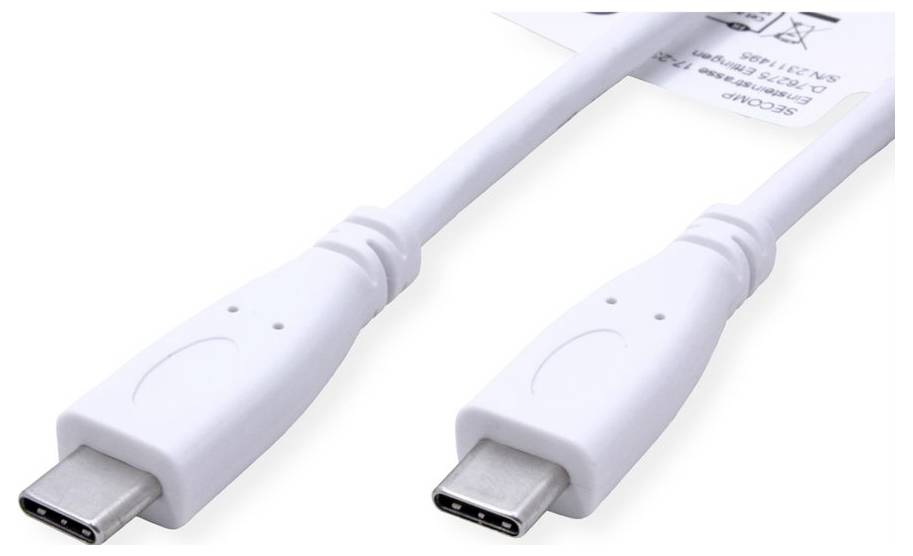 Zwei weiße USB-C-Kabel parallel ausgelegt, jeweils mit einem Standard-Stecker-Ende, geeignet zum Laden und Datentransfer.