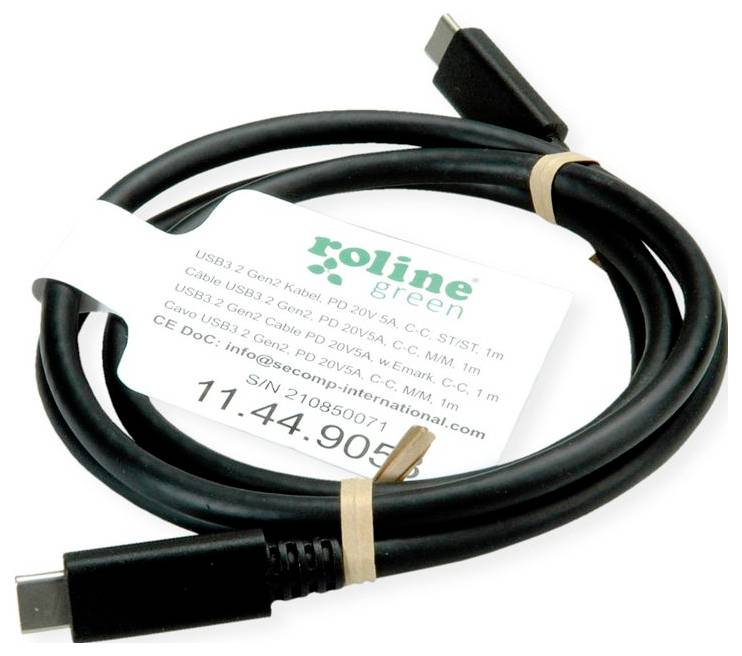 Schwarzes USB-C-Kabel mit angebrachtem Etikett, das Produktspezifikationen auflistet, einschließlich „USB 3.2 Gen2 2. Gen2, PD 20V, 5A, E-E, C-C, 1M, 1m