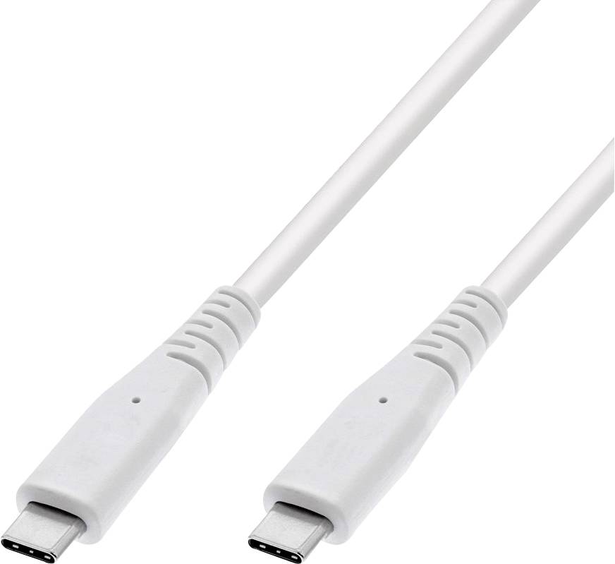 Ein weißes USB-C-Kabel mit Anschlüssen an beiden Enden, das zum Laden oder zur Datenübertragung zwischen kompatiblen Geräten verwendet wird.