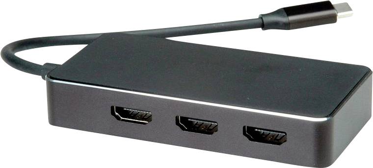 Dreianschluss-USB-C-auf-HDMI-Adapter, schwarz, mit angebautem Kabel. Geeignet zum Anschluss mehrerer HDMI-Geräte an ein USB-C-kompatibles Gerät.