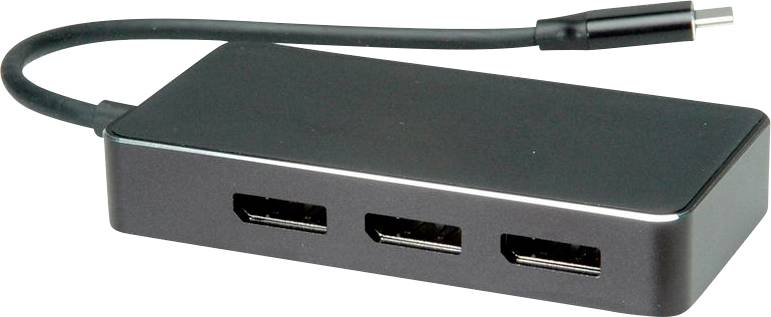 Ein schwarzer USB-C-Hub mit drei HDMI-Anschlüssen und einem kurzen Verbindungskabel, das zum Anschließen mehrerer Displays an einen Computer verwendet wird.