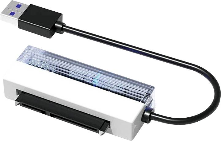 Ein USB-zu-SATA-Adapter mit schwarzem Kabel und weißem Adapter-Gehäuse, verwendet zum Verbinden von SATA-Laufwerken mit USB-Anschlüssen an einem Computer.