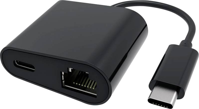 Schwarzer USB-C-zu-Ethernet-Adapter mit einem Ethernet-Anschluss und einem USB-C-Buchsenanschluss an der Seite, dargestellt vor weißem Hintergrund.