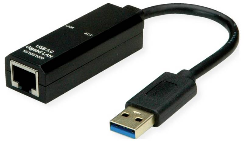USB-3.0-zu-Gigabit-Ethernet-Adapter mit USB-Anschluss und Ethernet-Port für die Netzwerkverbindung auf kompatiblen Geräten.