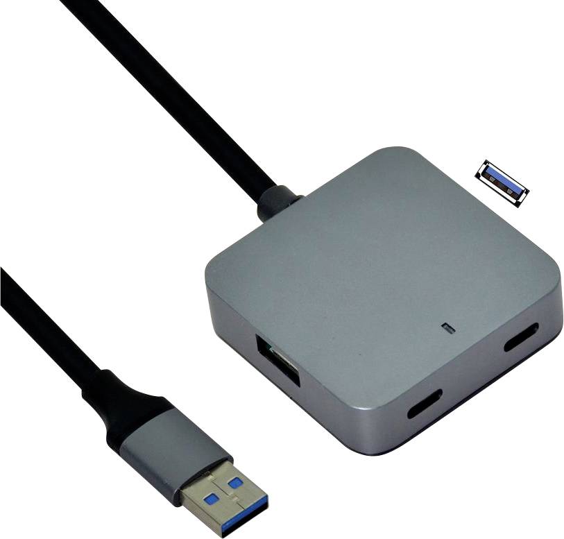 Ein quadratischer USB-Hub mit vier Anschlüssen und einem angeschlossenen USB-Kabel, das Verbindungsmöglichkeiten zeigt.