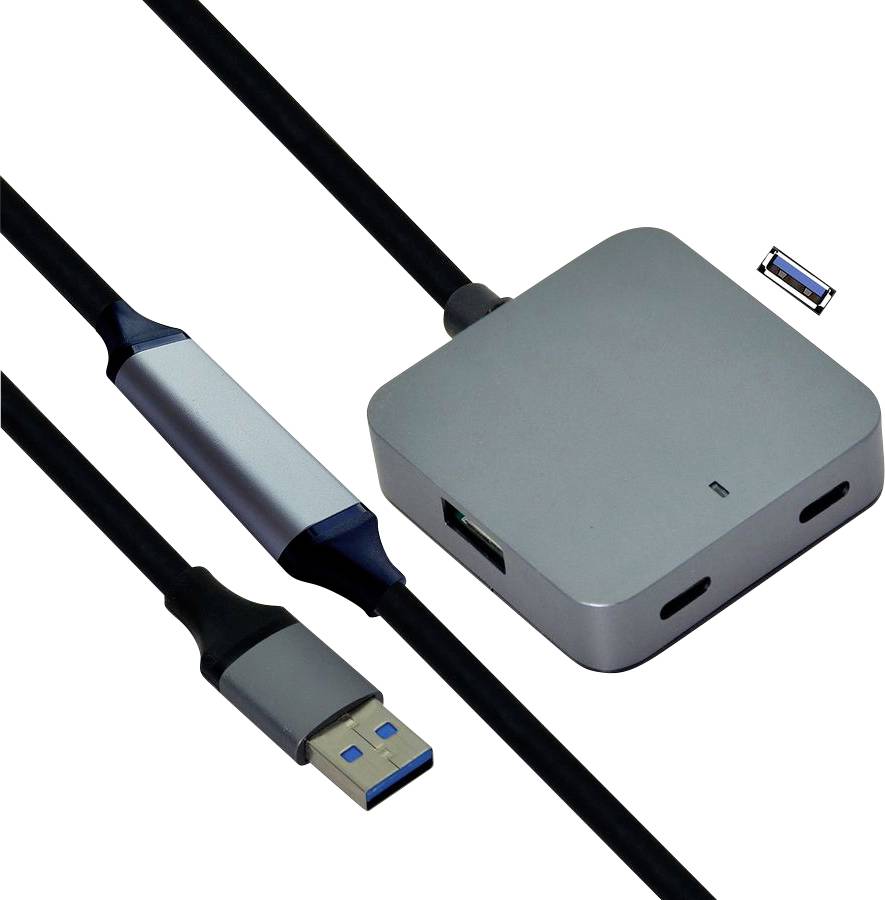 Ein silberner USB-Hub mit mehreren Anschlüssen, einschließlich USB-A und USB-C-Steckverbinder, und einem angebrachten schwarzen Kabel, konzipiert zur Erweiterung der Konnektivitätsoptionen.
