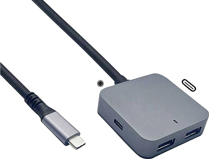 Ein grauer USB-C-Hub mit einem angeschlossenen USB-C-Kabel. Der Hub hat zwei USB-Anschlüsse und einen HDMI-Anschluss auf der Seite.