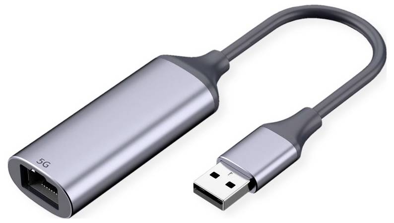Ein schlanker, metallischer USB-Ethernet-Adapter mit 