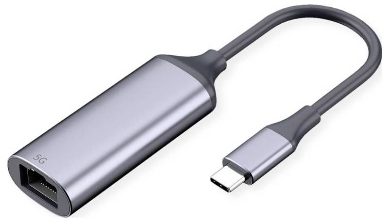Silberner USB-C-zu-Ethernet-Adapter mit kompaktem Design mit der Bezeichnung „5G