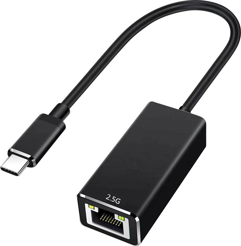 Ein schwarzer USB-C-zu-Ethernet-Adapter mit der Bezeichnung 2,5G und einem kurzen Kabel.