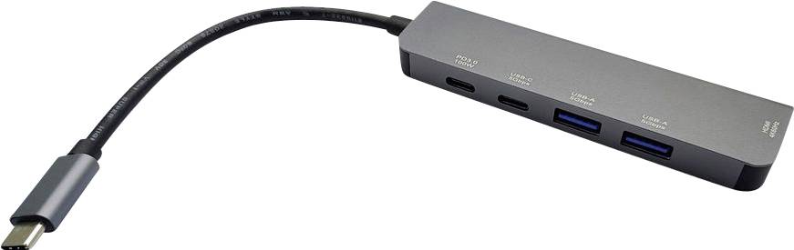 Ein USB-C-Hub mit einem USB-C-Anschluss, zwei USB 3.0-Anschlüssen, einem HDMI-Anschluss und einem zusätzlichen USB-C-Anschluss.