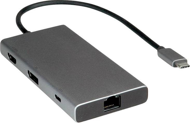 Ein schwarzer USB-C-Hub mit mehreren Anschlüssen, einschließlich Ethernet, HDMI und USB, verbunden durch ein kurzes Kabel.