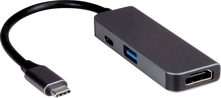 Ein schwarzer USB-C-auf-HDMI-Adapter mit zusätzlichen USB-A- und USB-C-Anschlüssen, der zum Verbinden von Geräten mit Displays oder anderen Peripheriegeräten entwickelt wurde.
