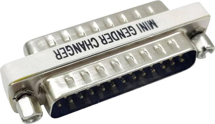 Ein Metallstecker-Adapter DB25 Mini mit einer Reihe von Stiften, verwendet zum Verbinden von Geräten mit unterschiedlichen Geschlechtsanschlüssen, gekennzeichnet als „MINI GENDER CHANGER