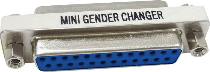 Ein DB25 'MINI GENDER CHANGER' Adapter mit weiblichem Anschluss, der zum Verbinden von Kabeln mit männlichen Anschlüssen in der Datenverarbeitung oder Elektronik verwendet wird.