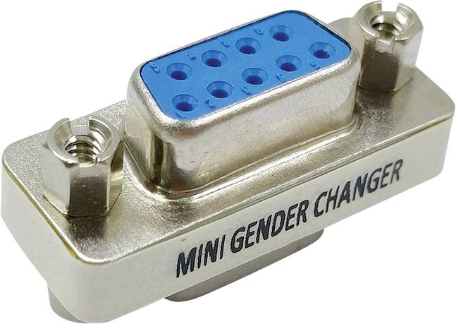 Ein Mini-Geschlechtswechsel-Stecker, metallisch mit blauer Schnittstelle, typischerweise verwendet, um zwischen verschiedenen Steckertypen oder Konfigurationen zu konvertieren.