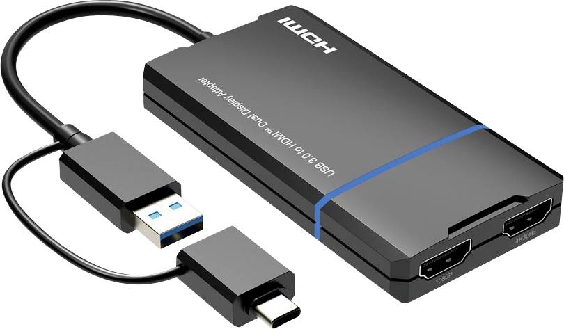 Ein schwarzer USB 3.0 Dual-Display-Adapter mit USB-A und USB-C-Anschluss, mit zwei HDMI-Anschlüssen zum Anschließen mehrerer Displays.