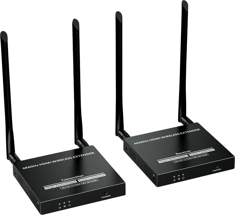 '4K60Hz HDMI Wireless Extender Transmitter' und 'Receiver' Geräte, beide mit Doppelantenne, ermöglichen die Erweiterung des HDMI-Signals ohne Kabel.