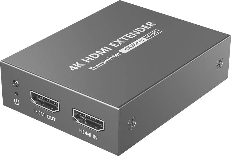 Ein 4K-HDMI-Verlängerer mit HDMI-Ausgang und HDMI-Eingang, beschriftet als Transmitter 4K30Hz PCI, in einem Metallgehäuse dargestellt.