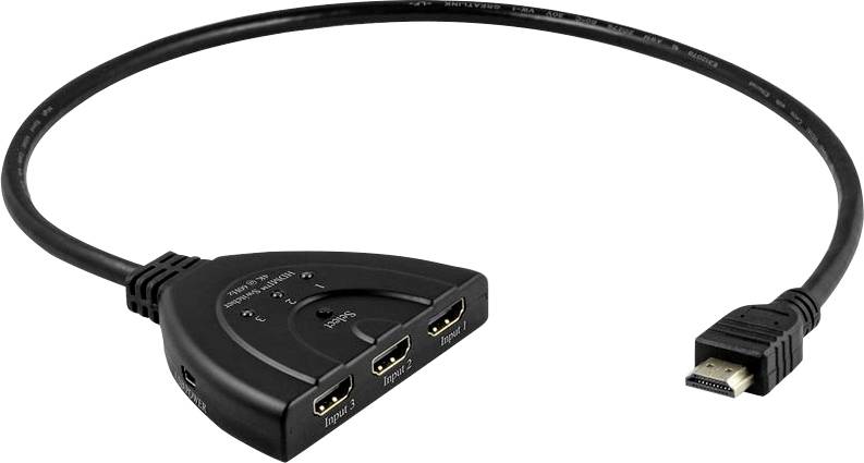 Ein schwarzes HDMI-Splitterkabel mit einem HDMI-Stecker auf einer Seite und drei HDMI-Anschlüssen auf der anderen Seite, das zum Anschluss mehrerer Geräte an ein Display verwendet wird.