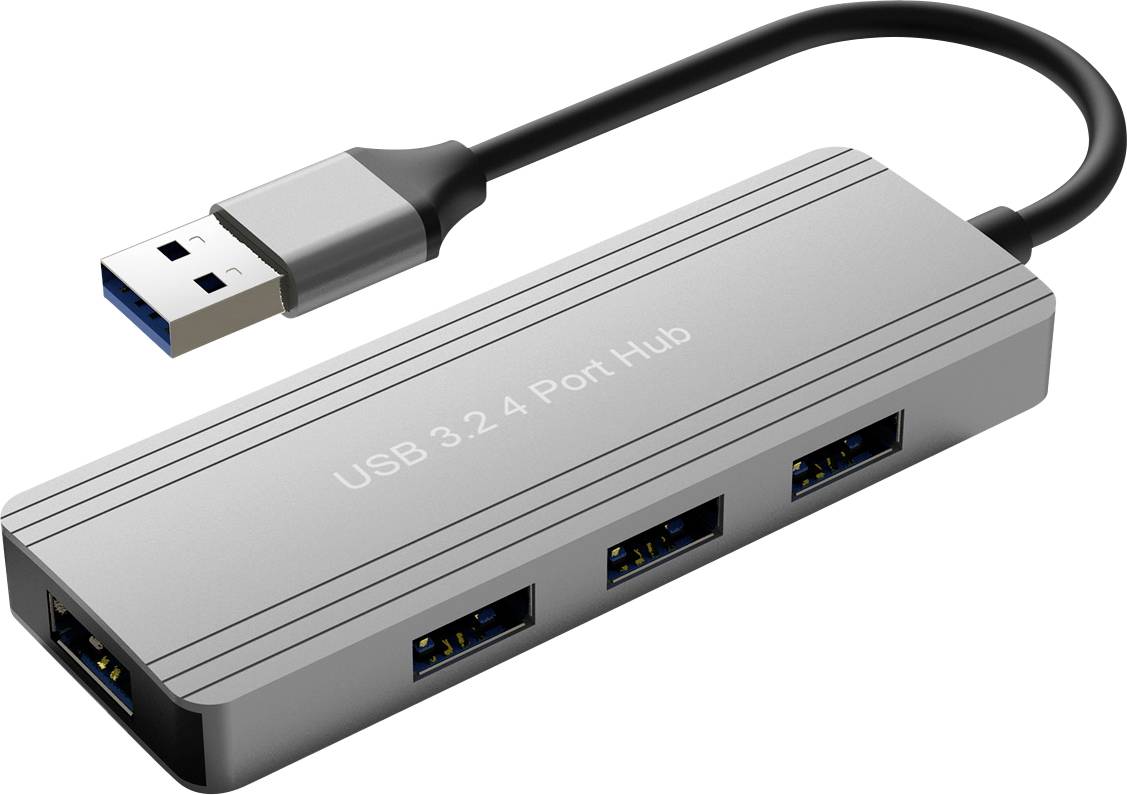 Ein silberner USB 3.2 4-Port-Hub mit schwarzem Kabel, ausgestattet mit vier USB 3.0-Anschlüssen zum gleichzeitigen Verbinden mehrerer Geräte.
