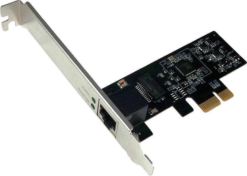 Eine Computernetzwerkschnittstellenkarte (NIC) mit einem PCIe-Anschluss und einem Ethernet-Port, verwendet zum Verbinden eines PCs mit einem Netzwerk.