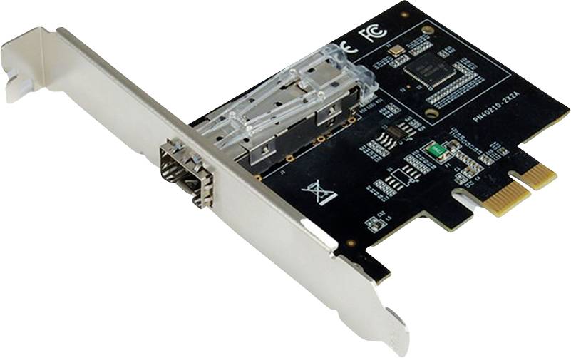 PCIe-Netzwerkschnittstellenkarte mit SFP-Anschluss zum Anschluss von Glasfaserkabeln, mit Schaltungskomponenten und einer Metallhalterung.