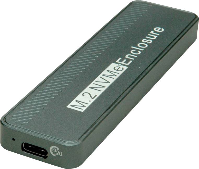 Ein kompaktes, rechteckiges M.2-NVMe-Gehäuse mit einem USB-C-Anschluss an einem Ende, das eine strukturierte Oberfläche und deutliche Beschriftung auf der Oberseite aufweist.