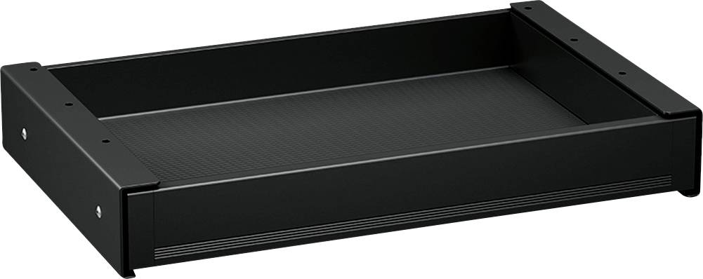 Ein schwarzes Metalltablett mit erhöhten Kanten und einer gerippten Oberfläche, das zum Halten oder Organisieren von Gegenständen konzipiert ist, aus einer Schrägansicht betrachtet.